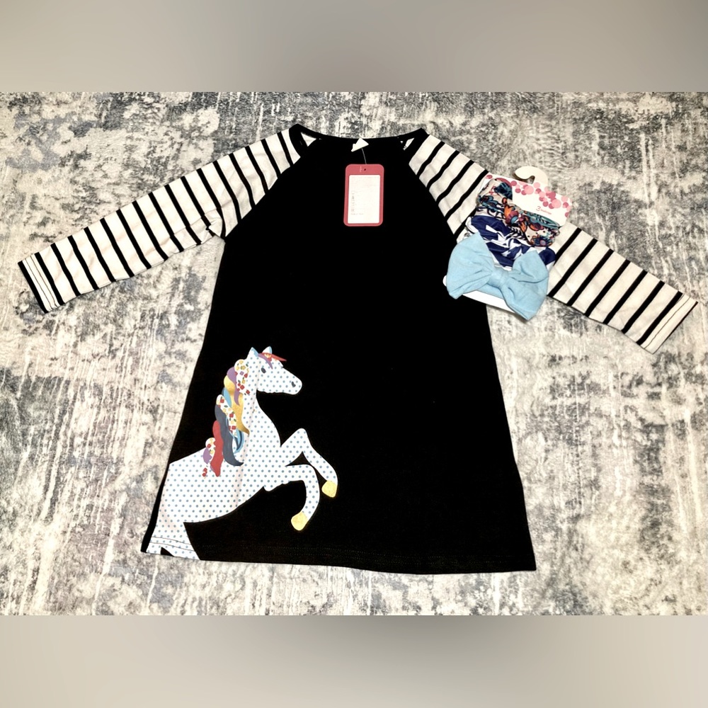 BUNDLE DEALS‼️ Girl Unicorn Long-sleeve Dress/3-Pack Adorable Headbands
